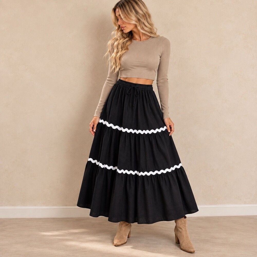CIDER NWT Black Tiered Maxi Skirt M White Ric Rac Trim Drawstring Boho